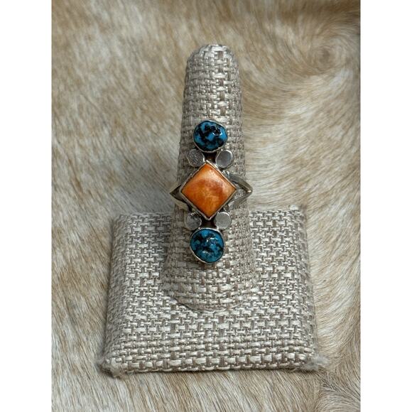 Native American Bryon Brown Handmade Sterling Spiny Oyster Turquoise Ring 9 - Picture 10 of 14